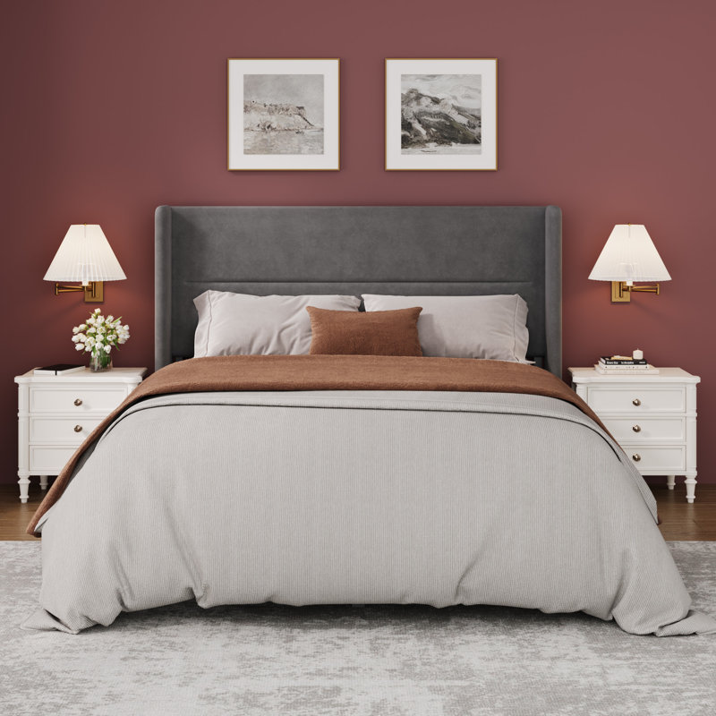 Full Size Velvet Bed Frame with Wingback Headboard, Upholstered Platform Bedframe with Wood Slats, No Box Spring Needed, Easy Assembly, Grey