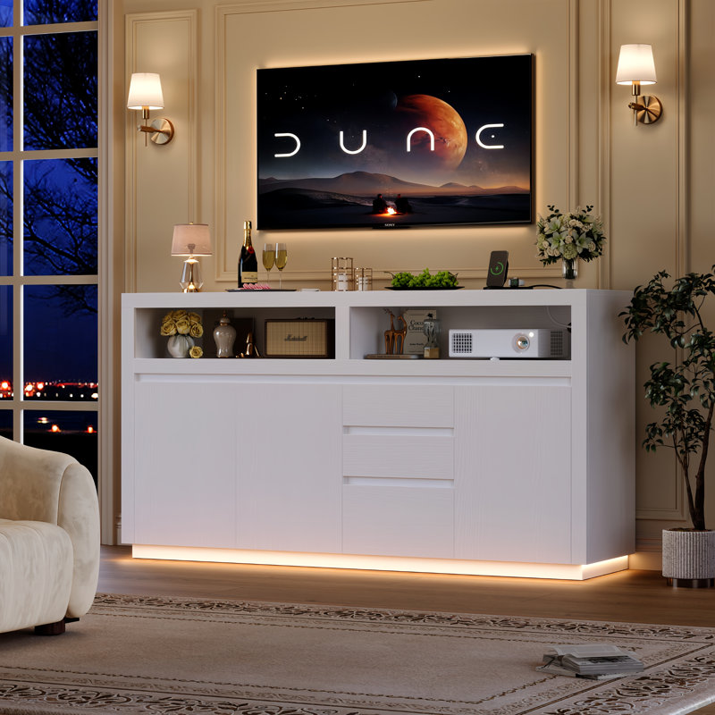 63" W TV Stand Cabinet With Built-In LED Lights & Surge-Protected Outlet | All-In-One Modern Entertainment Center, White
