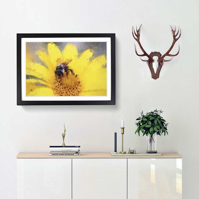 Bee Collecting Pollen in Abstract - Picture Frame Painting Print, Black Framed, 48cm H x 65cm W x 2cm D