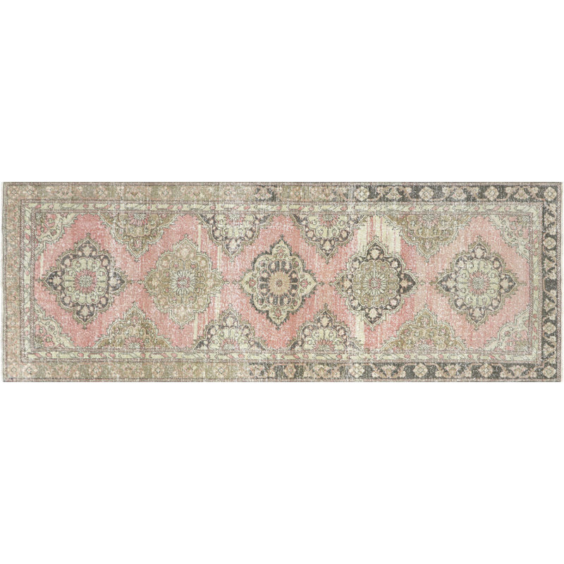 Tapis de couloir unique en laine noué à la main des années 1960 de 4 pi 3 po x 11 pi 11 po en rouge / ivoire / brun
