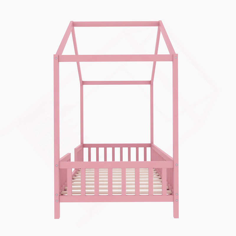 Floor Bed With Canopy, Bossier Bed Frame For Kids, House Shape Toddler Bed Frame With High Railings, Wood Kids Bed With Roof, Kid Bossier Bed, Pink