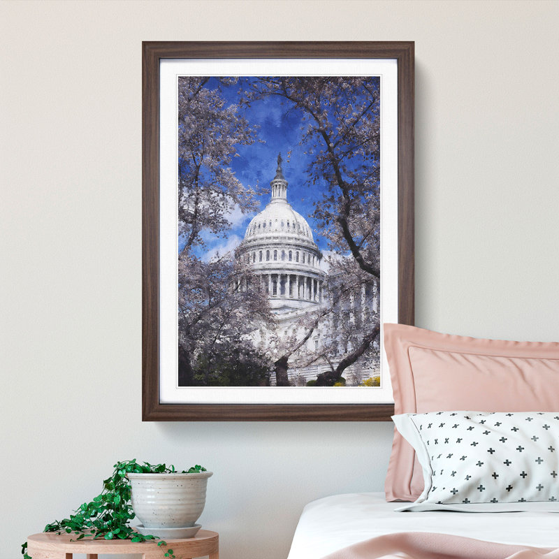 Capitol Hill & Cherry Blossom Tree - Picture Frame Graphic Art Print, 87cm H x 62cm W x 2cm D, Walnut Framed
