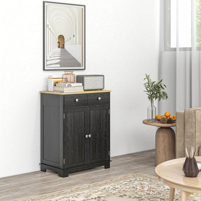 Sideboard With Solid Wood Countertop, Modern Kitchen Storage Cabinet, Coffee Bar Cabinet With 2 Drawers, Doors And Adjustable Shelf
