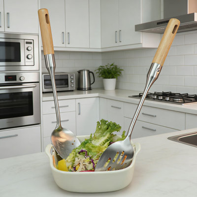 7-Piece Stainless Steel Cooking Utensil Set With Heat-Resistant Wooden Handles - Includes Turner, Ladle, Skimmer, Pasta Fork, Serving And Slotted Spoons For Sauteing, Frying, And Baking
