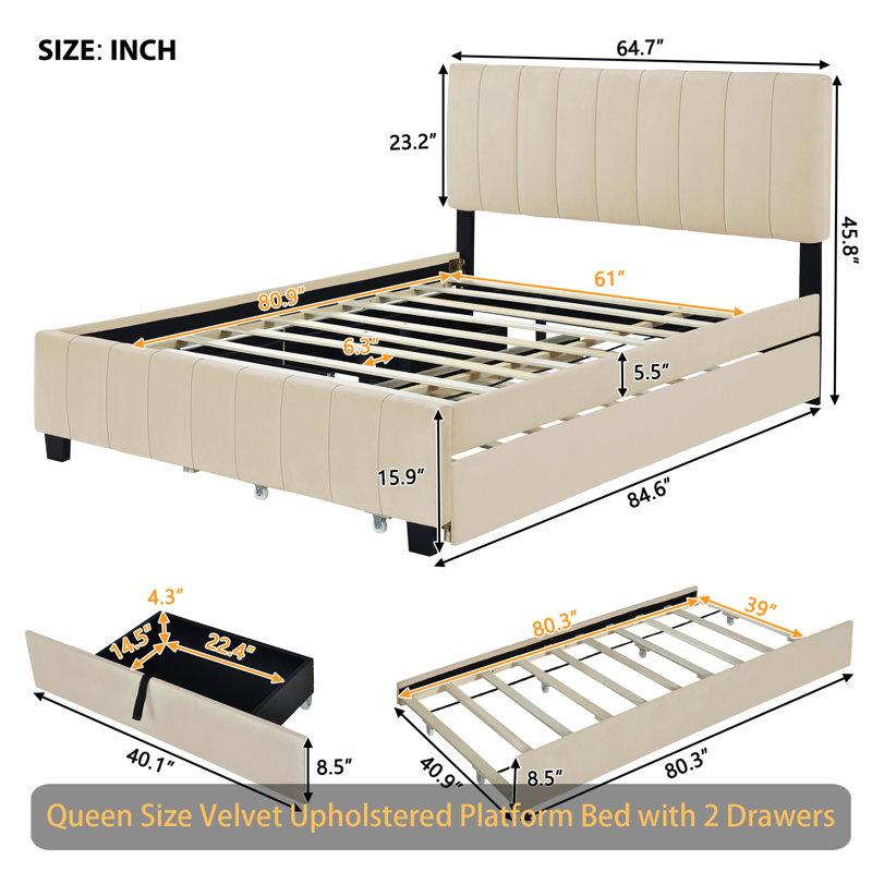 Grand lit standard capitonné avec rangement Lueker, Beige