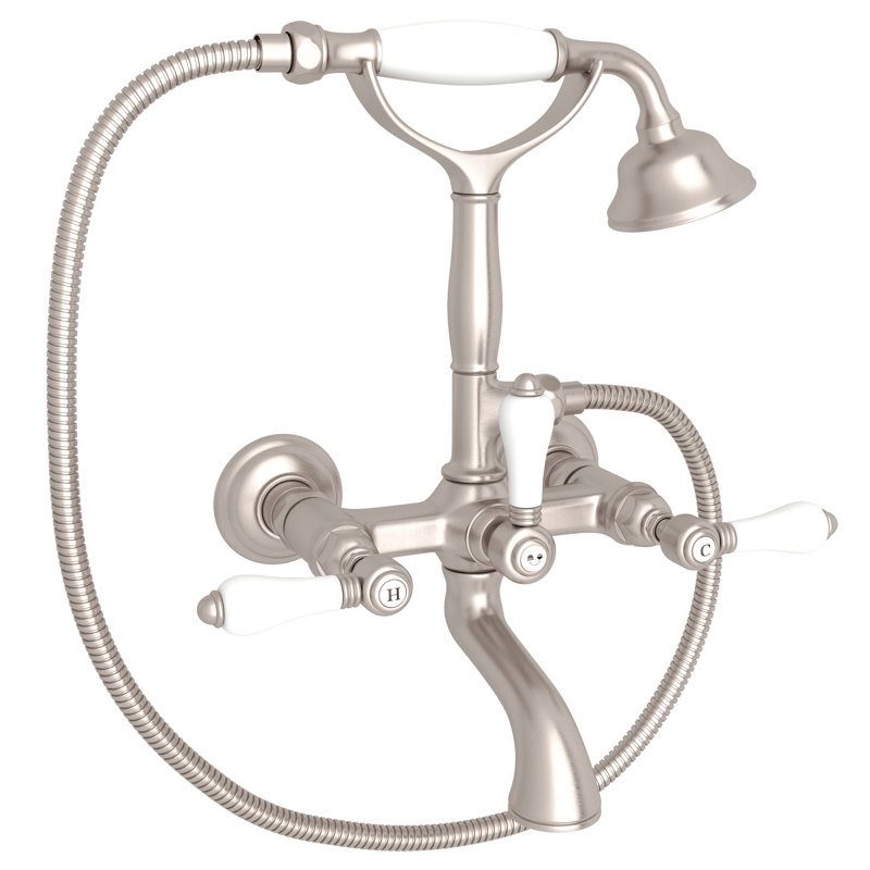 Country Exposed Wall Mount Tub Filler, Satin Nickel, Porcelain Lever Handle