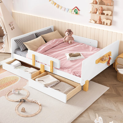 Full Size Platform Bed With Storage Drawers, Solid Wood Beds Frame With Bed Guardrail
