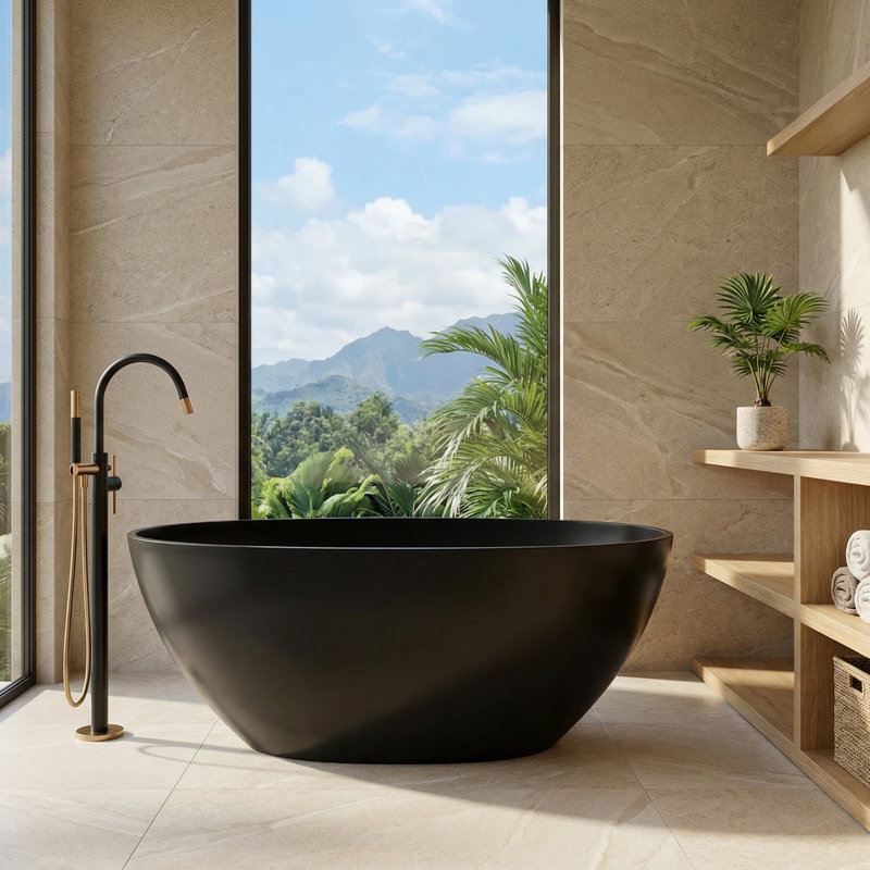 Euston 55" x 30" Freestanding Soaking Stone Rein Bathtub, Matte Black