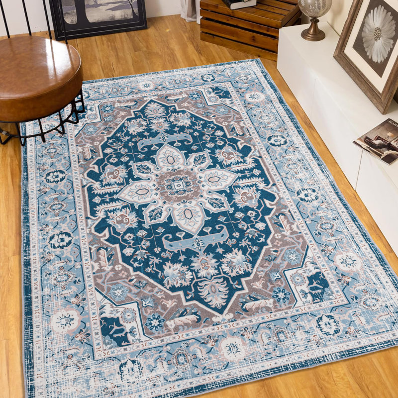 8X10 Vintage Persian Area Rug Non-Slip Washable For Living Room Kitchen Bedroom, Blue, Rectangle 8' x 10'