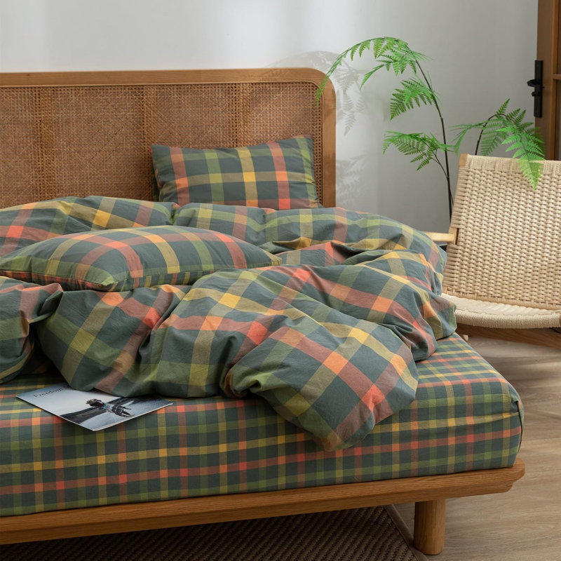 Ensemble de housse de couette en coton à motif écossais multicolore Buffa, Housse de couette pour très grand lit et 2 taies 