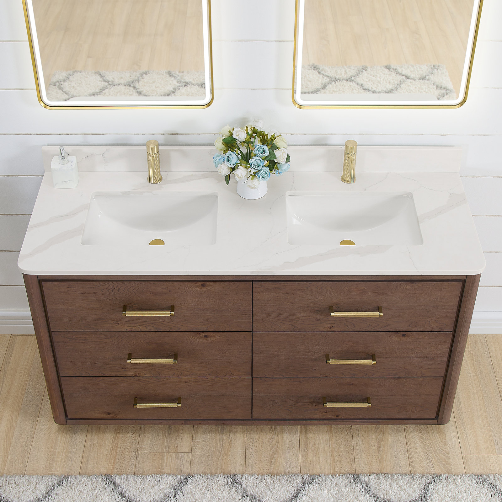 Porto 60'' Double Bathroom Vanity, Dark Brown Oak, Gold