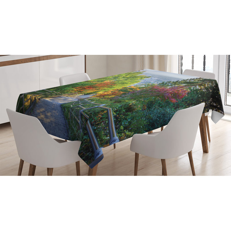 Ambesonne Nature Tablecloth, Stairway To Mt. Hill Hillyoshida Japan Tourist Attractions Landmark Scene Picture, Rectangular Table Cover For Dining Room Kitchen Decor, 52" X 70", Green Grey