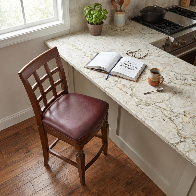 Napa Counter Height Stool with Back, Mahogany - Elegant Trellis Back Design, Faux Leather Upholstery, Foam-Filled Seat, Steel Memory Return Swivel, Seat Height 26 in. , Footrest at 6 3/4 in., Single