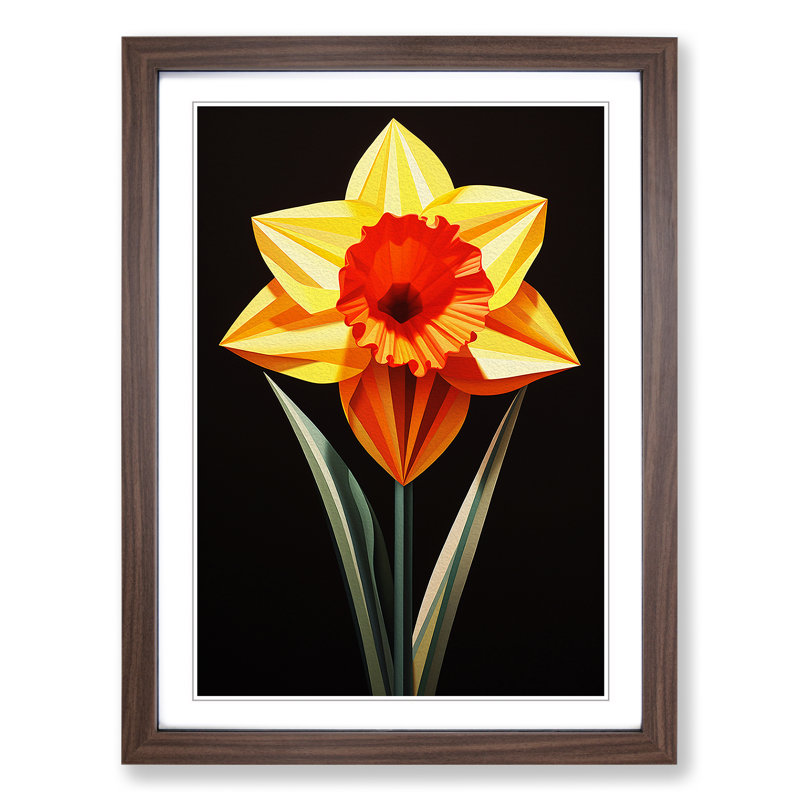 Daffodil Flower Geometric - Single Picture Frame Print on Wood, Walnut Framed, 46cm H x 34cm W