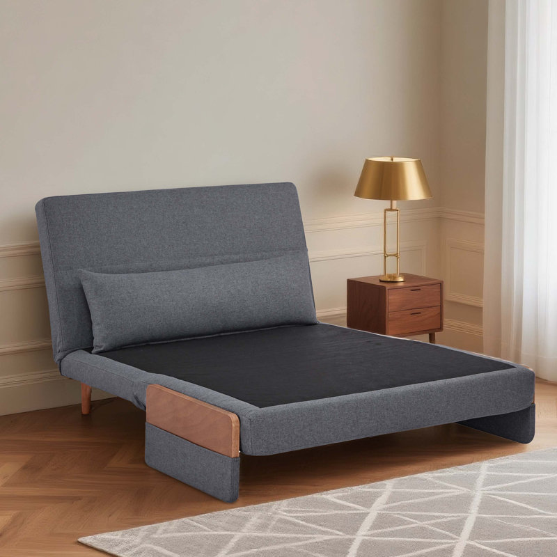 Sofa Bed with Solid Wood Arms and Legs in Cotton Linen, 3-Position Adjustable Back, Grey, 30.7" H x 33.9" W x 70.9" D, 1