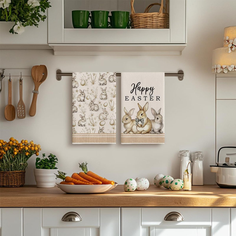 Bow Lapin Oeufs de lapin Fleurs Joyeuses Pâques Printemps Essuie-tout, 2 pièces