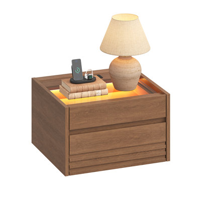 2-drawer Wall-mounted Floating Nightstand With Charging Station & Led Lights