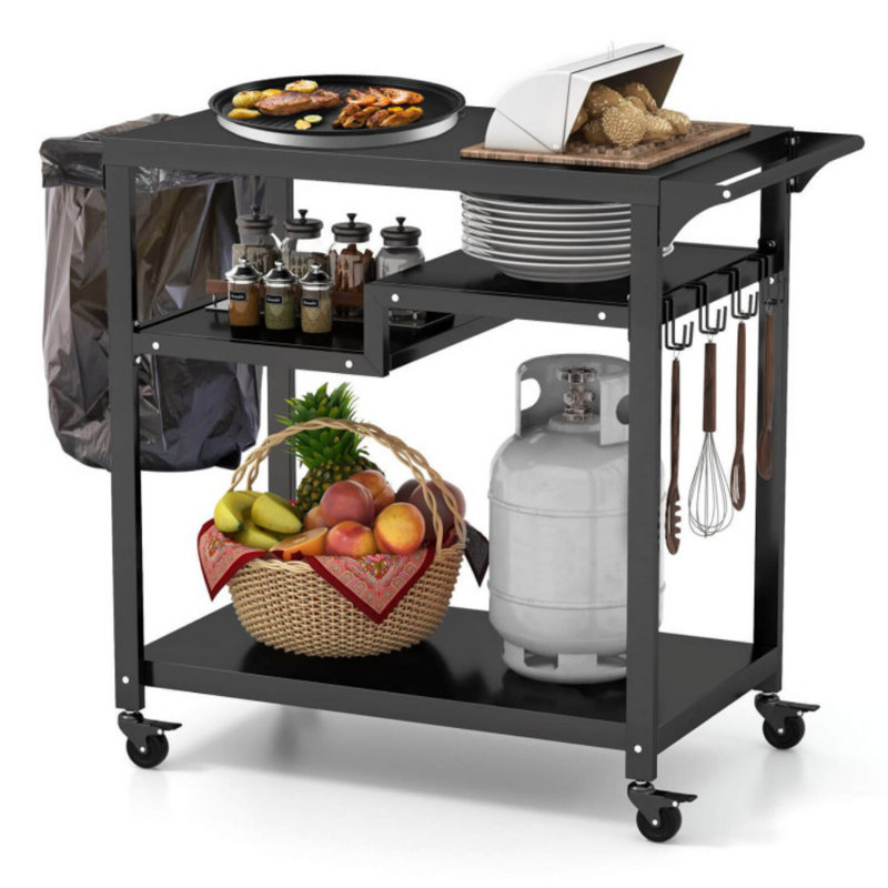 Rolling Grill Cart 3-Shelf BBQ Cart With Hooks And Side Handle