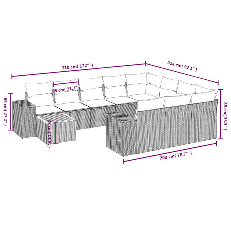  Ensemble de canapé de patio 11 pièces avec coussins en rotin de polyester gris