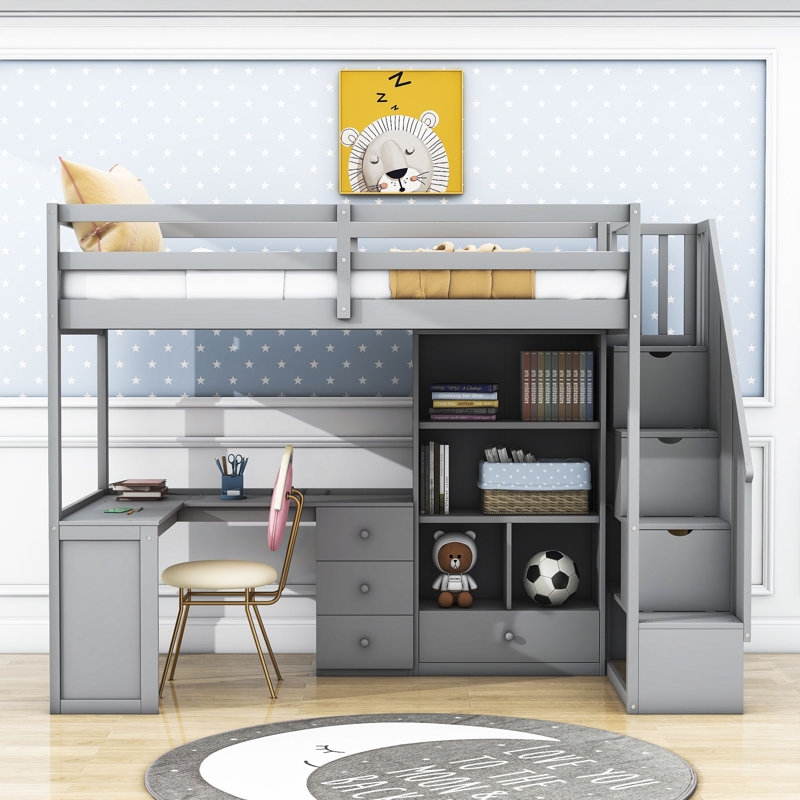 Haizley Kids Twin Loft Bed with Drawers, Gray
