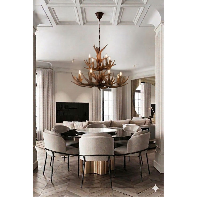 Lustre géométrique unique à 12 lumières avec accents de bois de cerf Oberry