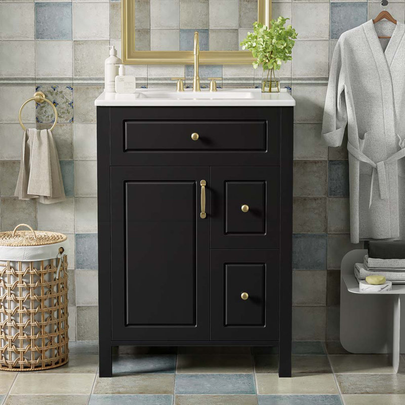 Meuble-lavabo 24 po avec lavabo en céramique, porte à fermeture douce, 2 tiroirs à fermeture douce, Noir