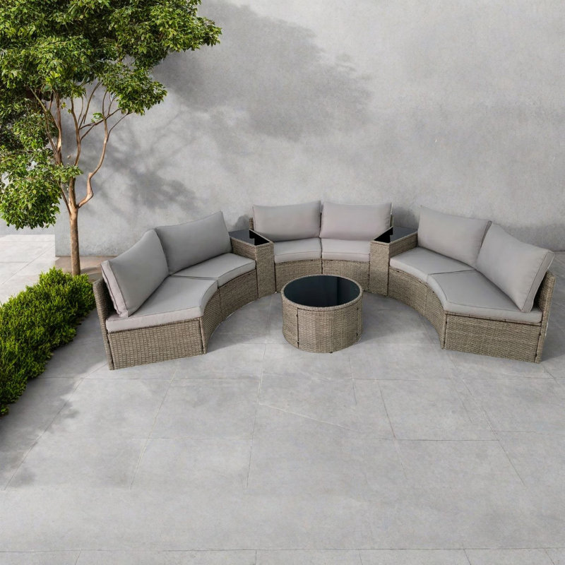 Élégant ensemble de canapés de patio en demi-lune, rotin durable et métal pour l'extérieur
