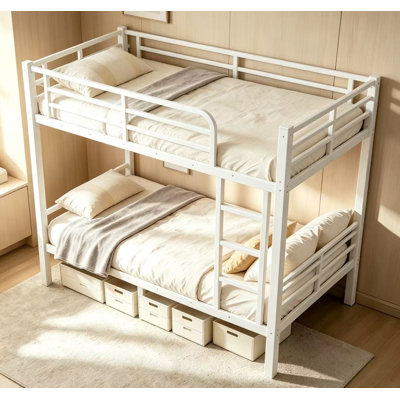  Full Over Full Metal Bunk Bed Frame, Heavy Duty Noise Reduced Steel Bunk Bed with Guardrail & Under Bed Storage, Space Saving for Teens Adults,Off White