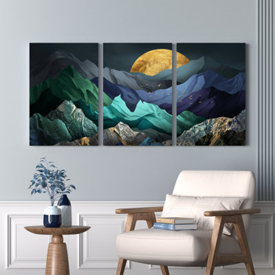 Ensemble de 3 tableaux sur toile tendue représentant un paysage de montagne avec pleine lune