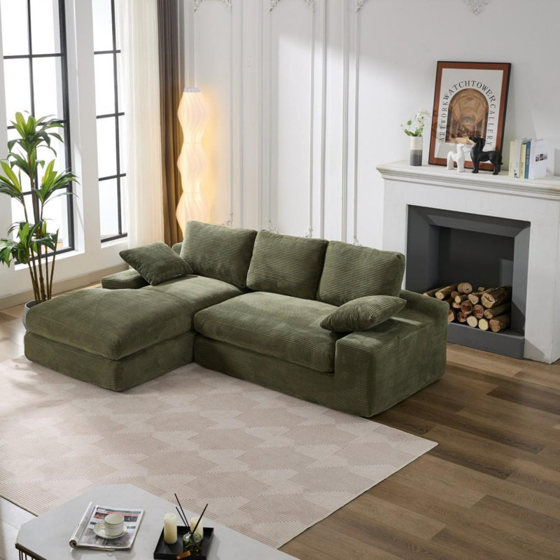 Canapé modulaire en forme de L avec méridienne Boneless, Velours côtelé vert armée