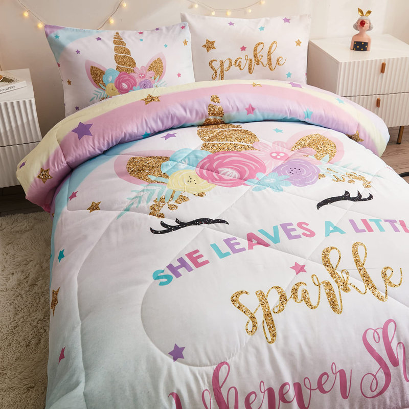 5-Piece Bed in a Bag, 3D Colorful Unicorn Bedding Comforter Sheet Set, Ultra Soft and Fluffy, Pink & Rainbow Color