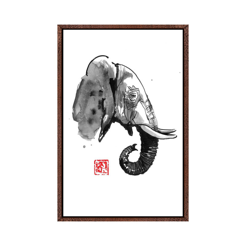 Elephant Profile by Péchane - Painting on Canvas, 152.5 cm H x 101.5 cm W, Classic Brown Wood Framed