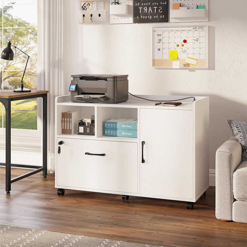 Mobile Lateral Filing Cabinet with Charging Station and Locking Drawer, Printer Stand with Open Storage Shelf with Wheels, for Letter/A4/Legal Size Files, White
