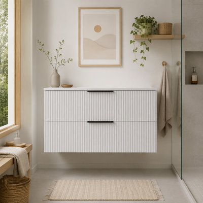 Meuble-lavabo blanc de 122 cm (48 po) sans lavabo, meuble-lavabo suspendu cannelé avec tiroirs, meuble de rangement moderne