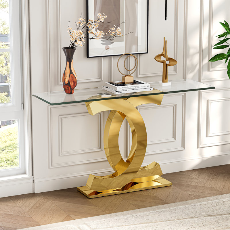 Console moderne, plateau en verre trempé de 55,1 po et base double pivotante en C en acier inoxydable à 360 °, Doré