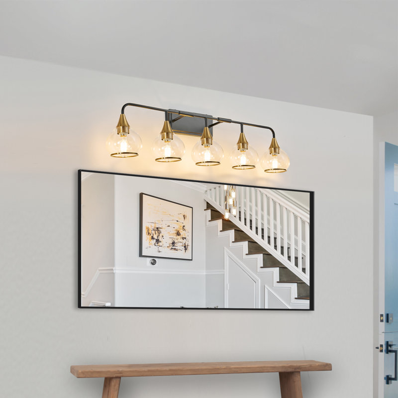Applique murale moderne 40 po à 5 lumières pour meuble-lavabo 40 po - Luminaire de salle de bain noir et doré avec abat-jour en verre transparent, lampe murale industrielle pour miroir, meuble-lavabo et espaces de vie