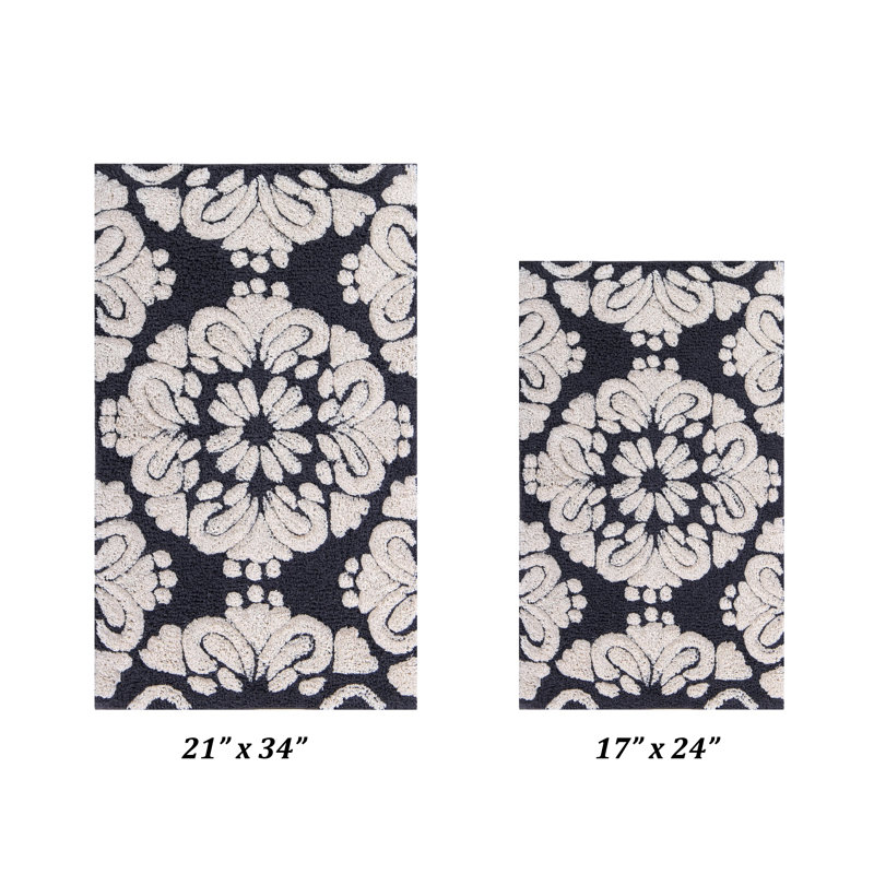 Danitra 100% Cotton 1885 GSM Bath Rug with Non-Slip Latex Backing, Soft Absorbent Machine Washable Bathroom Mat, Medallion Design, 24" x 40", Charcoal
