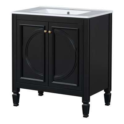 Meuble-lavabo 30 po avec lavabo, portes à fermeture en douceur et tablette, style rétro, noir | Idée cadeau
