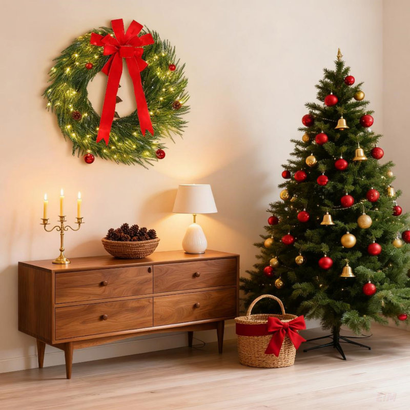 Couronne de Noël pour porte d'entrée avec lumières DEL, 8 modes, ornements et aspect de pin Norfolk réaliste