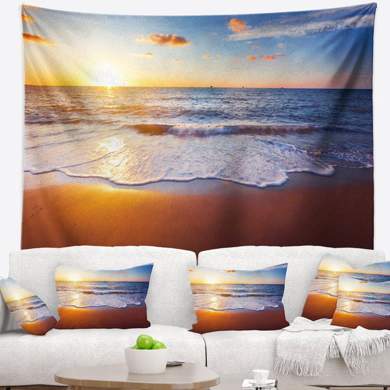 Tapisserie vagues, vagues bleues et sable brun, H 78 po x l 92 po