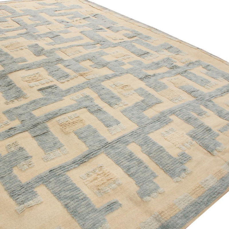 Rug & Kilim’S Scandinavian-Inspired Geometric Beige And Blue Wool Pile Rug, Rectangle 12' x 16'