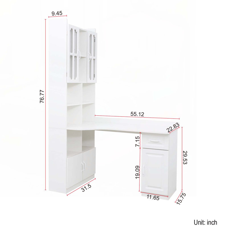 L-Shaped Corner Computer Desk with Drawers, Bookshelf & Hutch, White