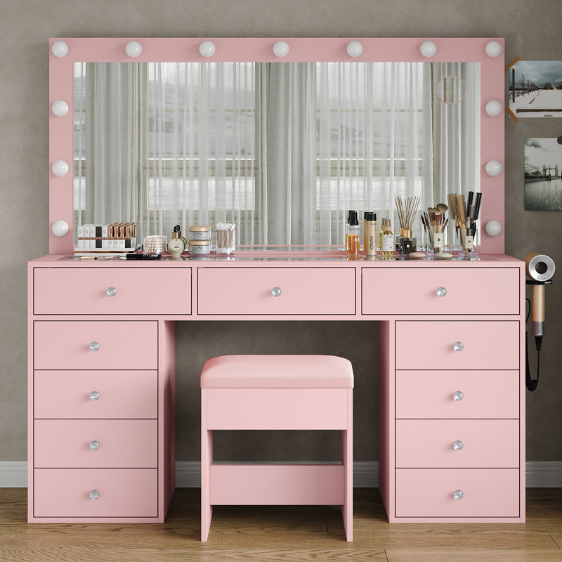 Makeup Vanity With Mirror And  Lights, 3 Lighting Modes, Vanity Desk With Power Outlet, 13 Drawers Vanity Table,  Fold-Up Pane Dressing Table Set