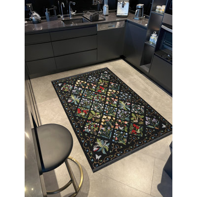 Black Themed Multi-Coloured Cross Floral Patterned Fringed Vintage Decorative Rug