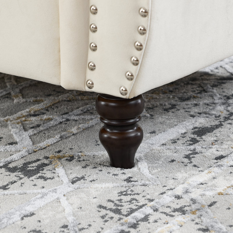 Canapé Chesterfield à accoudoirs roulés, Velours beige, H 30 po x l 80 po x P 29 po