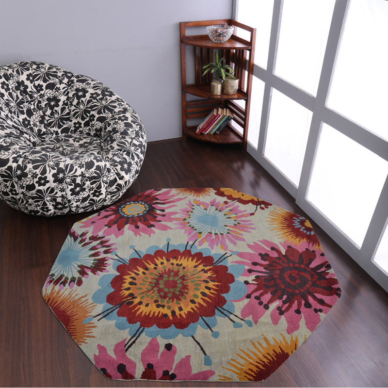 Bibiano Hand Tufted Wool Eco-Friendly Area Rugs - Octagon, Cream Color, Floral Modern Design, High Pile Thick Handmade Anti Skid Area Rugs for Living Room, Bed Room