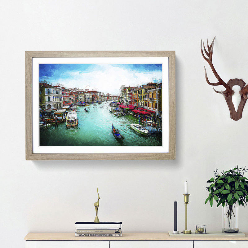 Gondolas in Venice Italy in Abstract - Picture Frame Graphic Art Print, 62cm H x 87cm W x 2cm D, Oak Framed