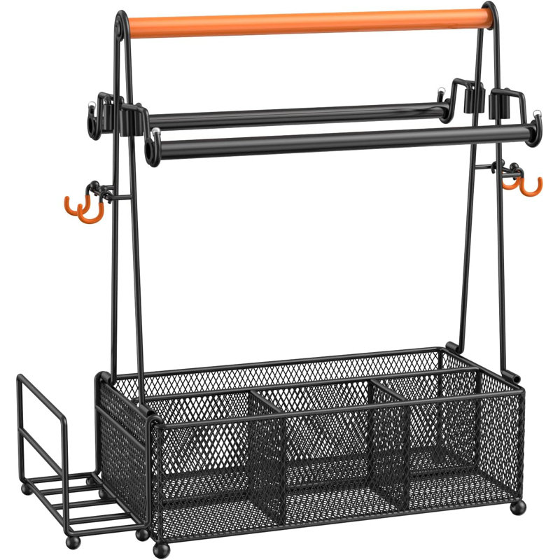 Black Mesh Metal Utensil Caddy with Handle and Hooks