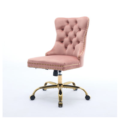  Office Chair, Modern Pink Velvet Upholstered Tufted Button Home Office Chair with Golden Metal Base, Adjustable Desk Chair Swivel Office Chair