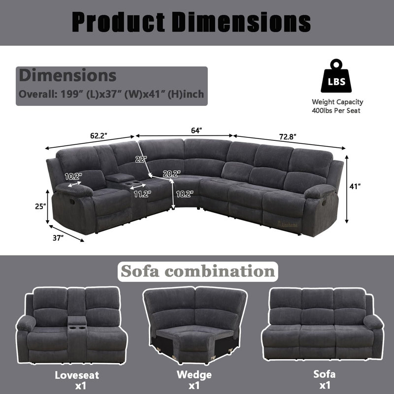 Corduroy Stripe Fabric Recliner Sectional Sofa, Gray
